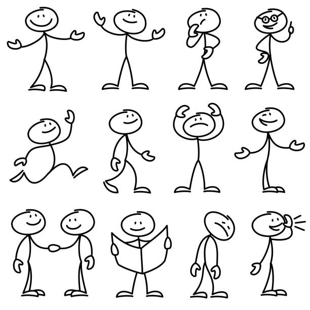 cartoon-hand-drawn-stick-man-in-different-poses-vector-set-vector-id827934628