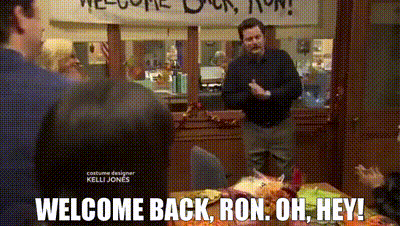 YARN | Welcome back, Ron. Oh, hey! | Parks and Recreation (2009) - S02E10  Hunting Trip | Video gifs by quotes | 7dc8f6e5 | 紗