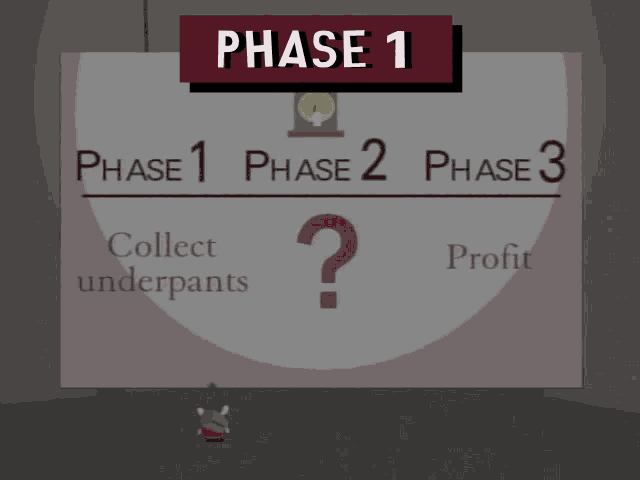 a sign that says collect underpants phase 1 phase 2 phase 3 and collect underpants profit